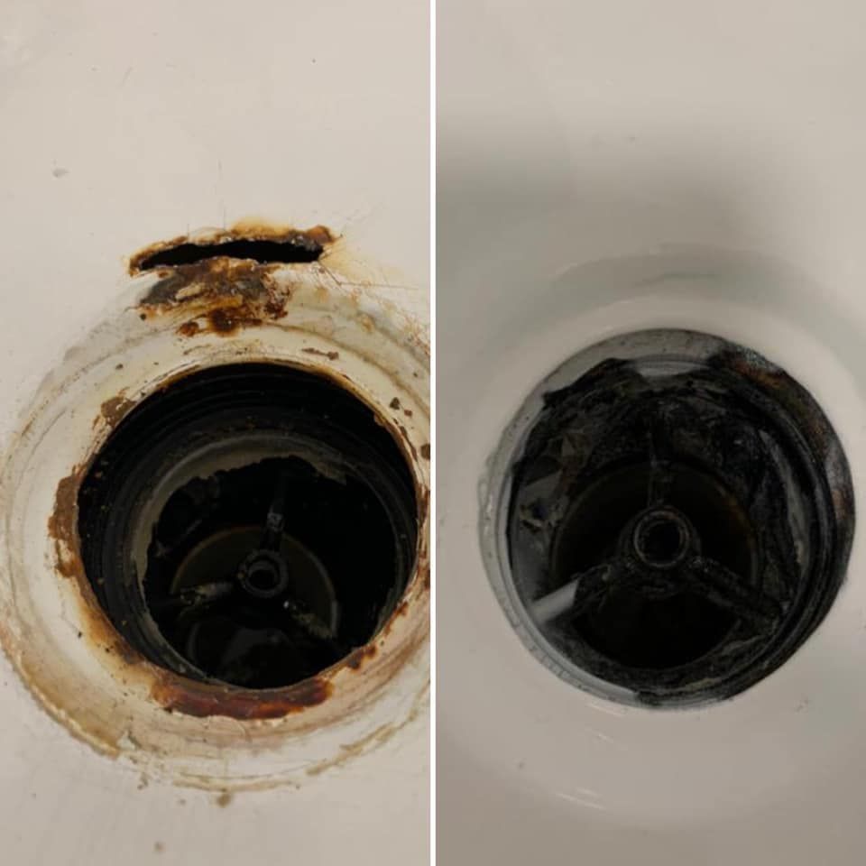 A before and after picture of a sink drain.