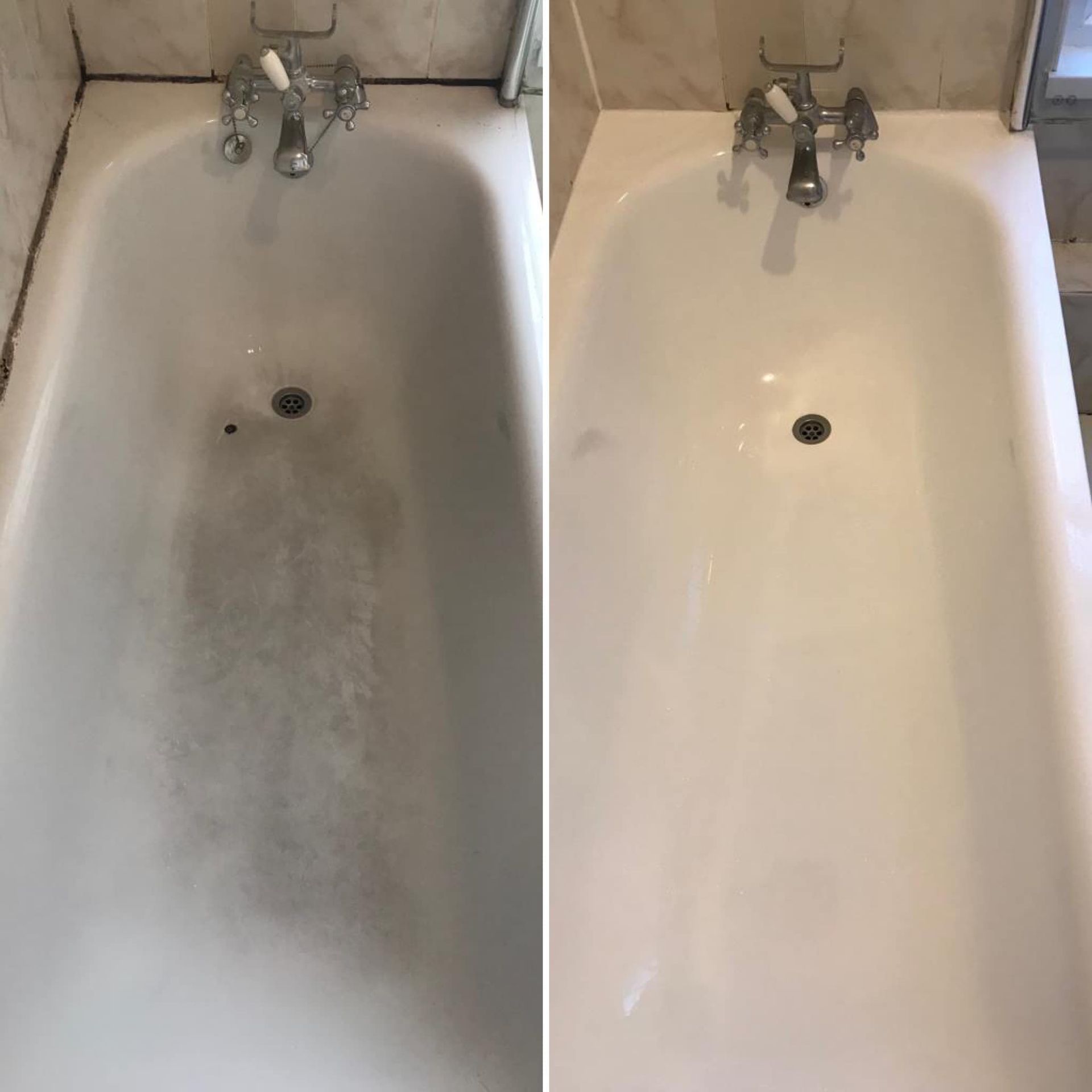 A before and after picture of a bathtub that has been cleaned.