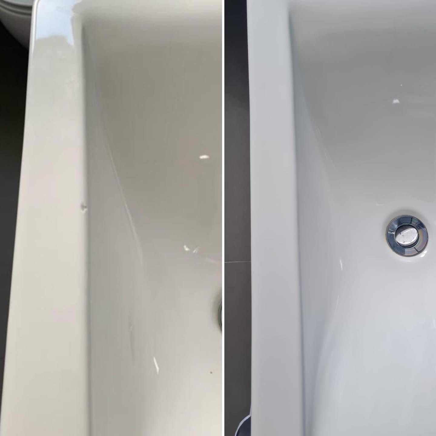 A before and after picture of a white bathtub.