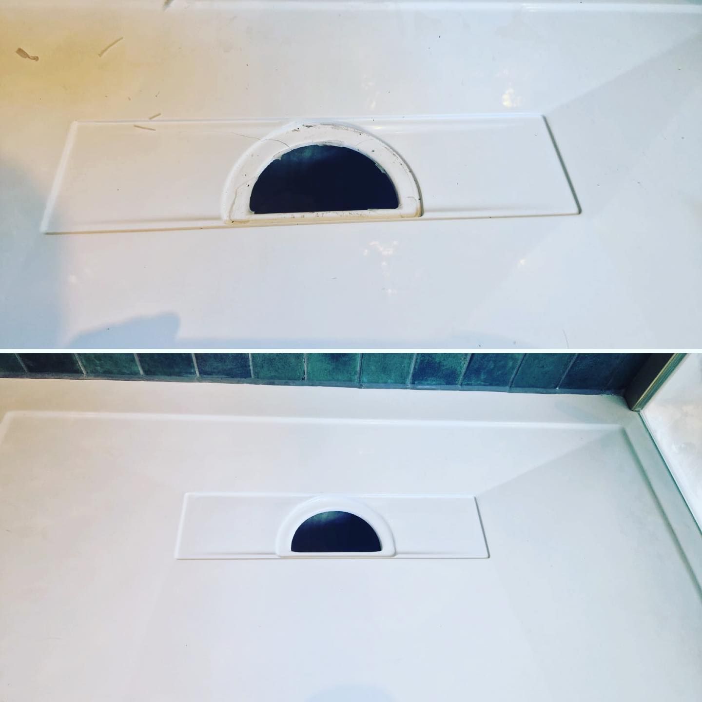 A before and after picture of a shower stall with a hole in it.