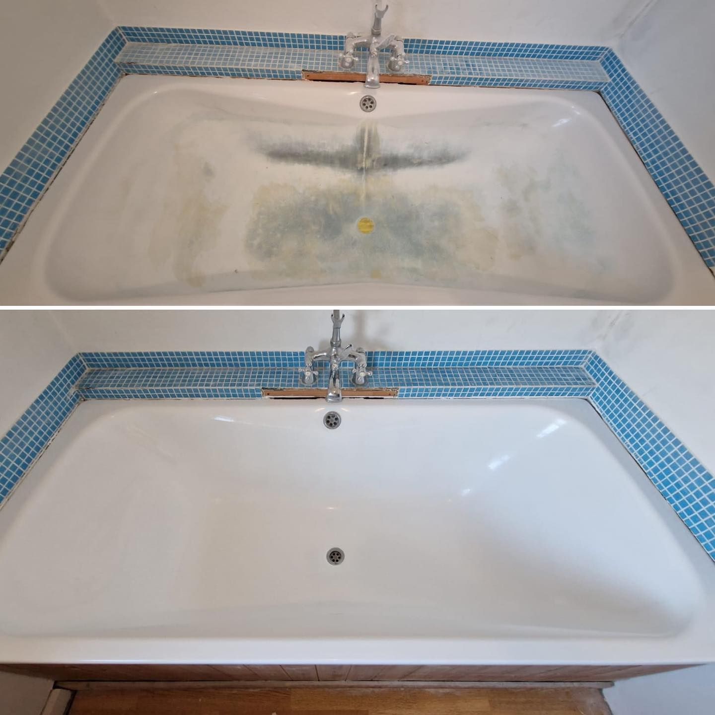 A before and after photo of a bathtub with a blue tile border