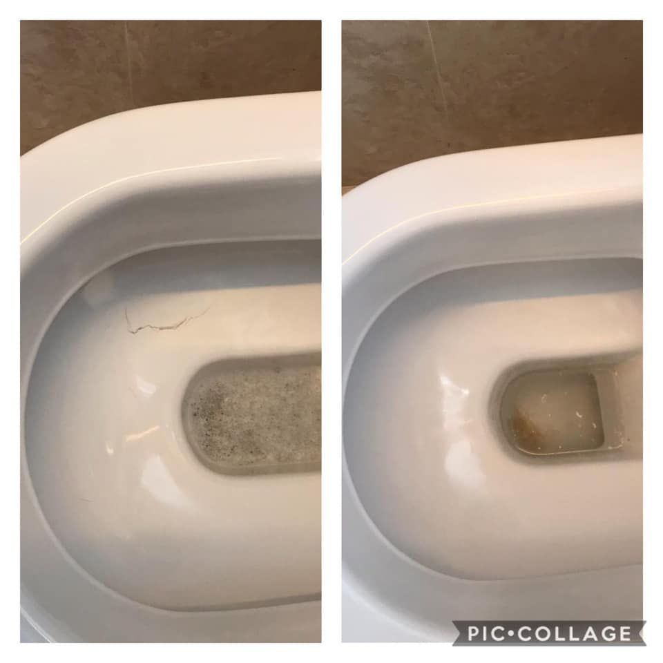 Two pictures of a toilet before and after being cleaned.