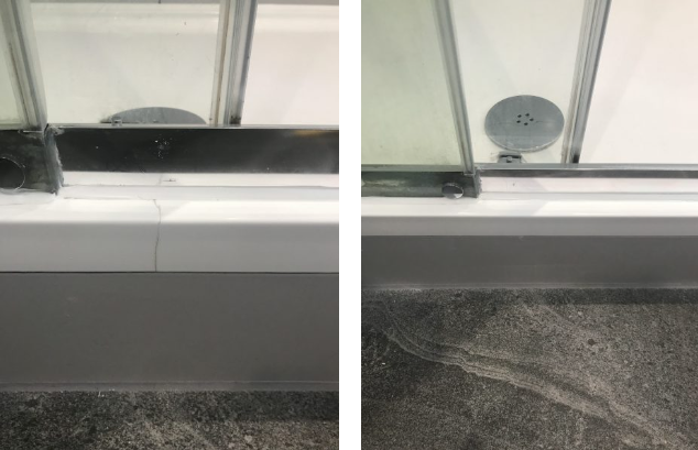 A before and after picture of a shower door.