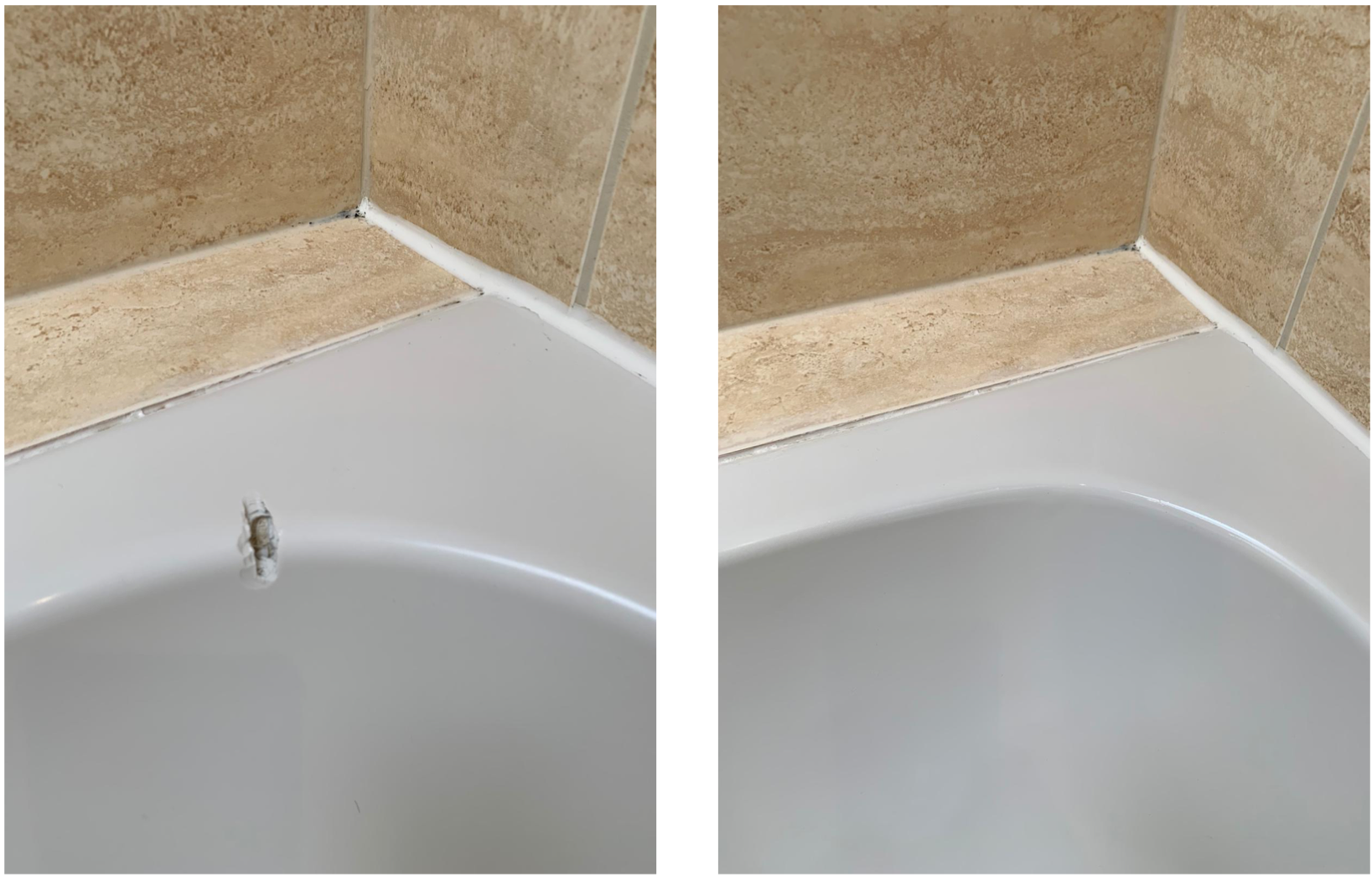 A before and after picture of a bathtub with a hole in it.