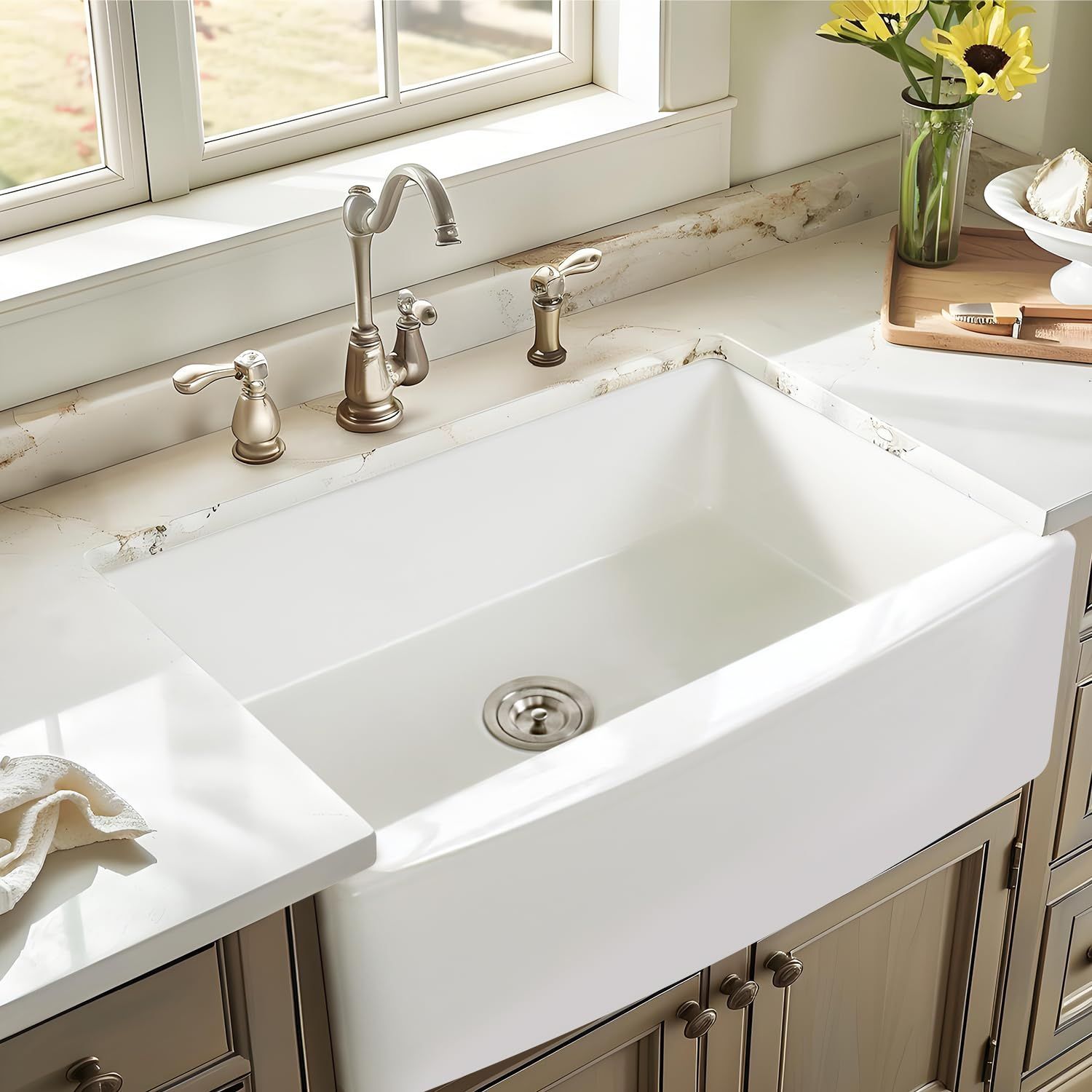 A white kitchen sink is sitting on top of a counter next to a window.