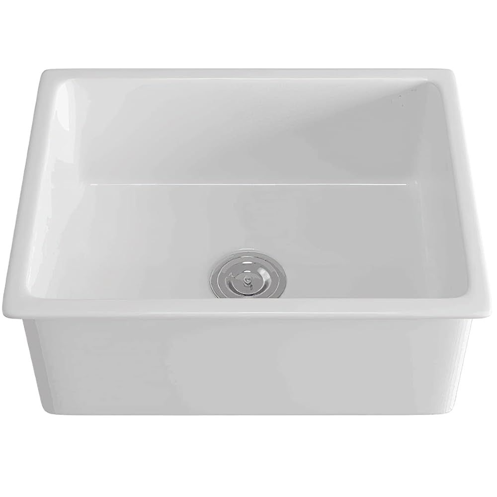 A white kitchen sink with a chrome drain on a white background.