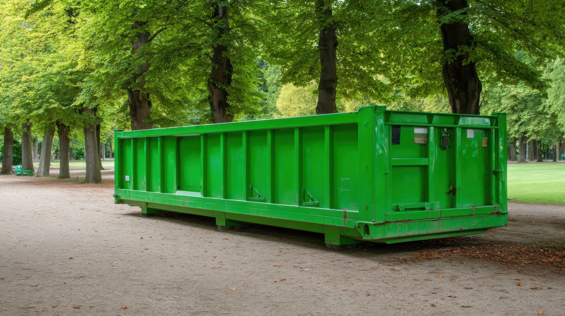 Green dumpster on a dirt path in a park, with trees in the background.