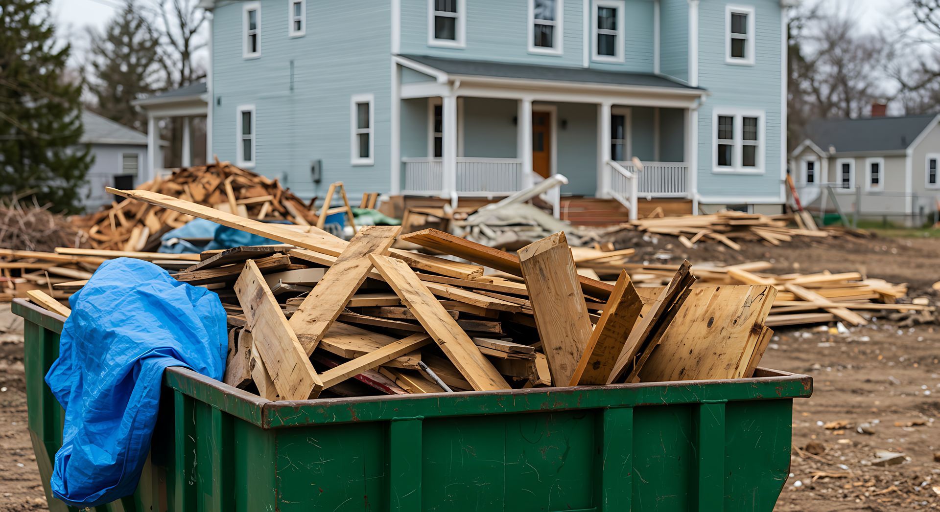 Green dumpster filled with wood debris; house in background under construction.