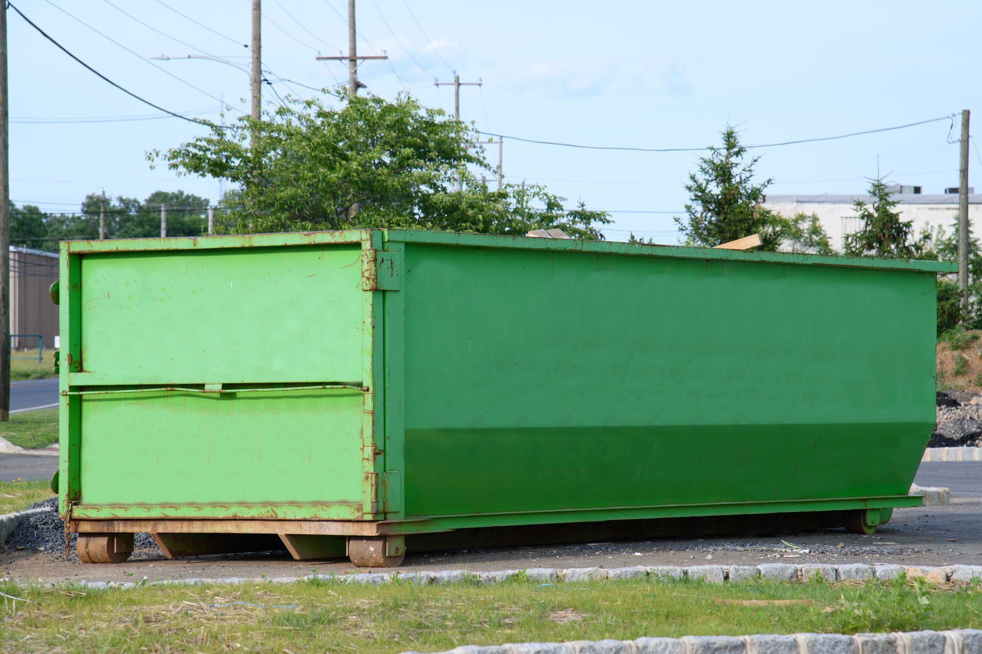 Green dumpster on a paved lot with grass, under a blue sky, by a road.