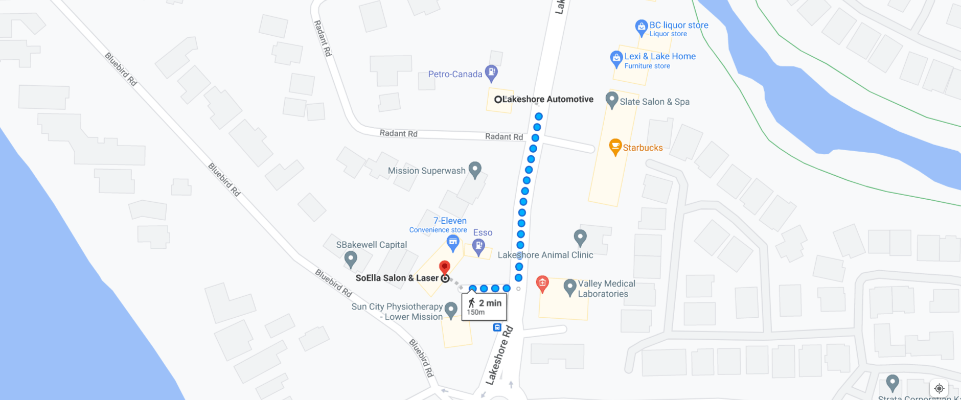 Walking directions from Lakeshore Auto Mechanic Shop in Kelowna to SoElla Salon & Laser