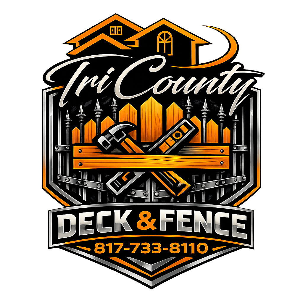 Tri County Deck & Fence logo with orange house, fence, tools, and phone number 817-733-8110