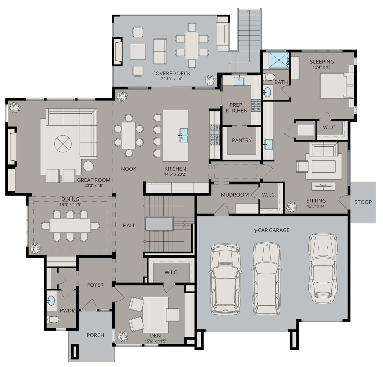 A floor plan of a house with cars in the garage