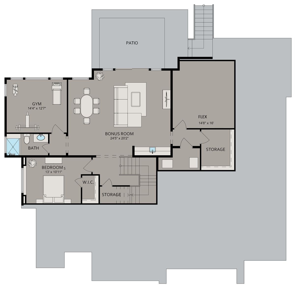 A floor plan of a house with a table and chairs
