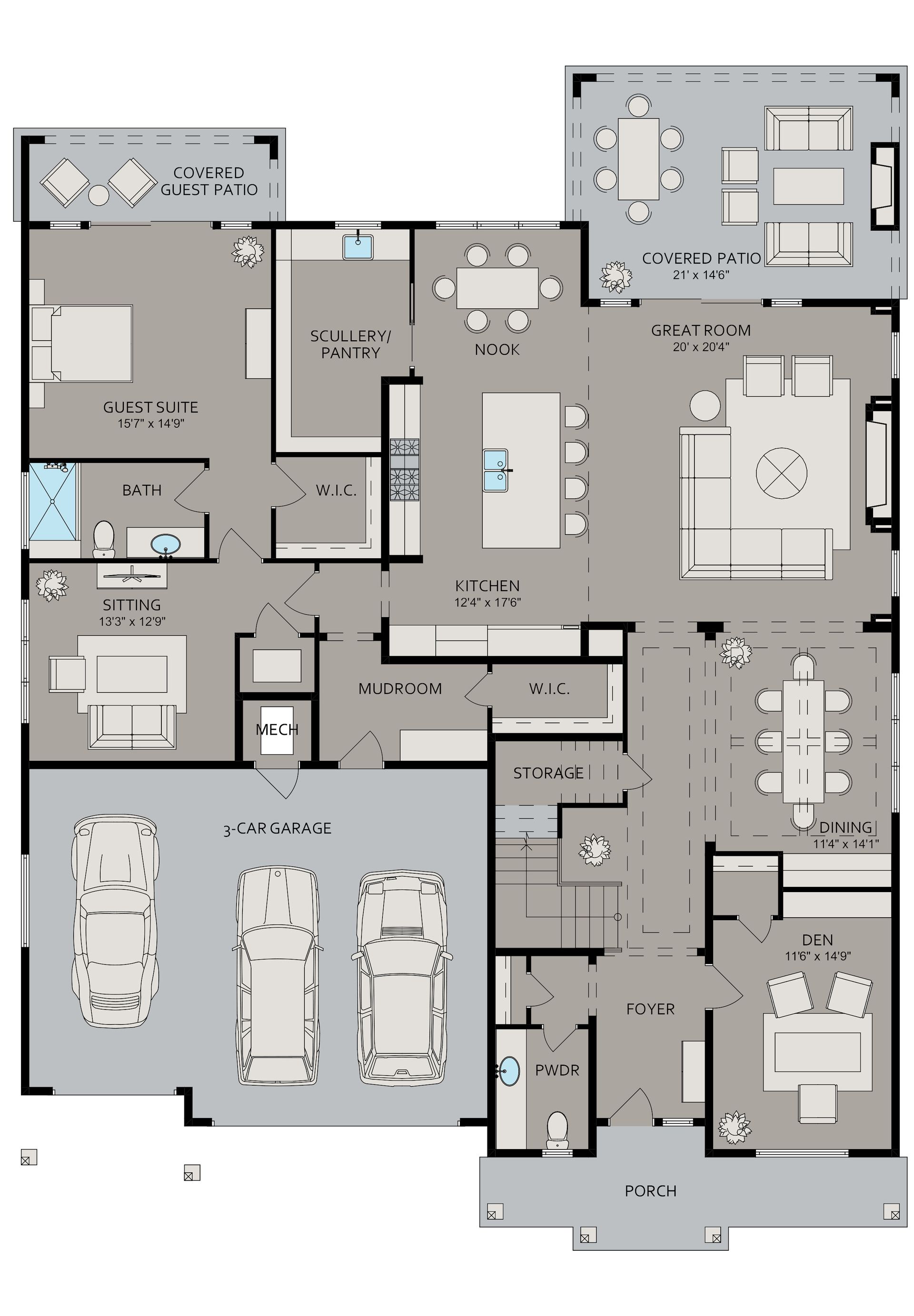 A floor plan of a house with a lot of furniture