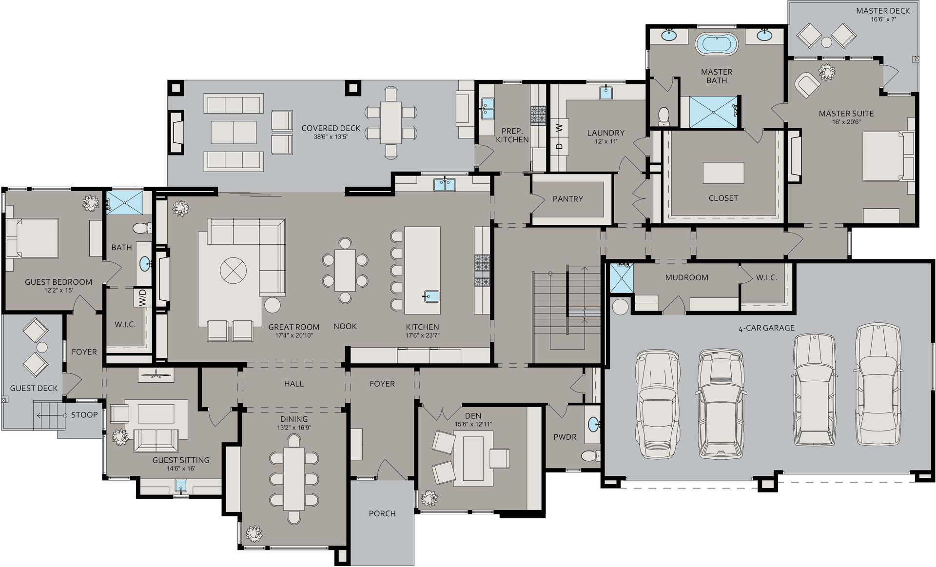 A floor plan of a large house with a lot of furniture.