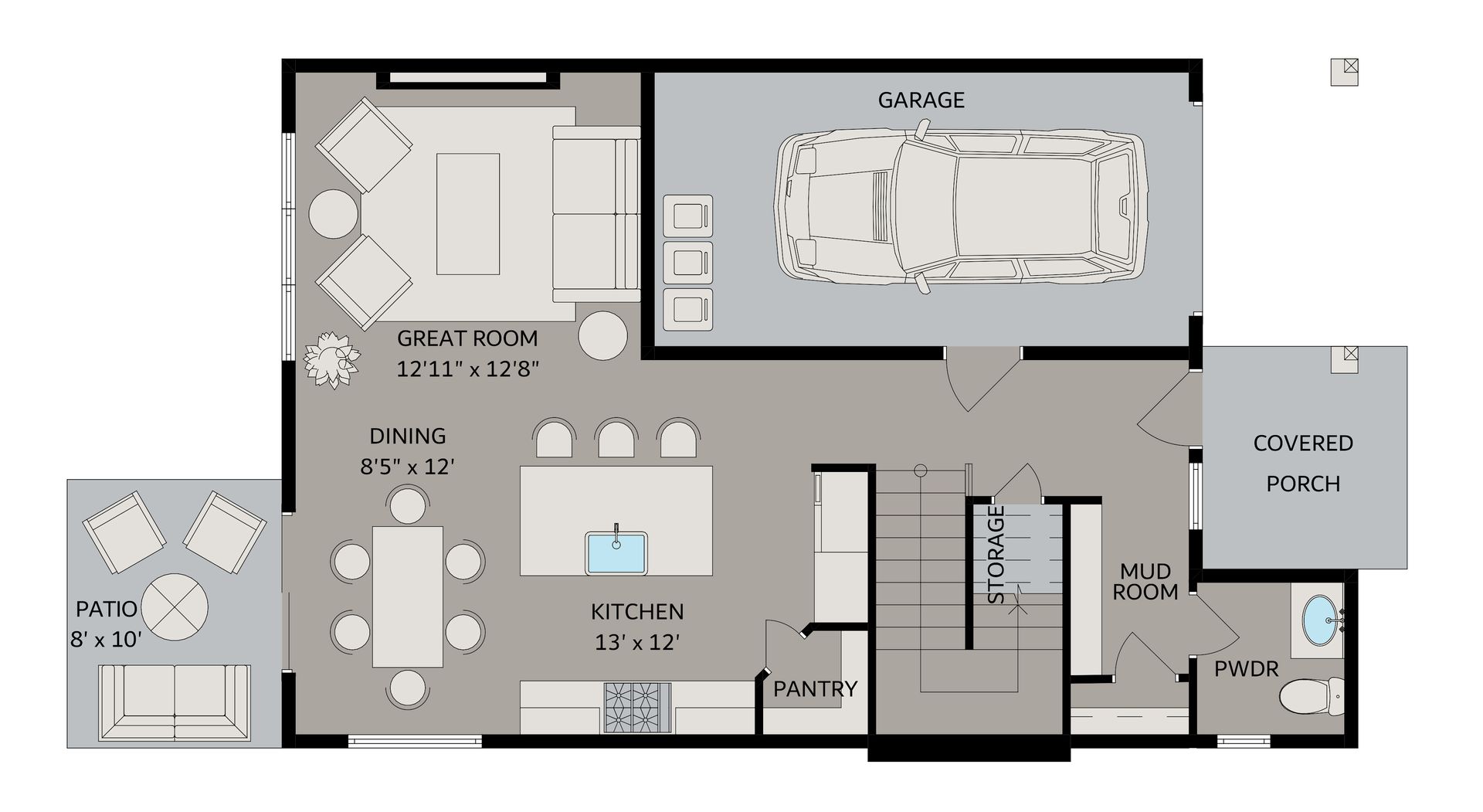A floor plan of a house with a car in the garage.