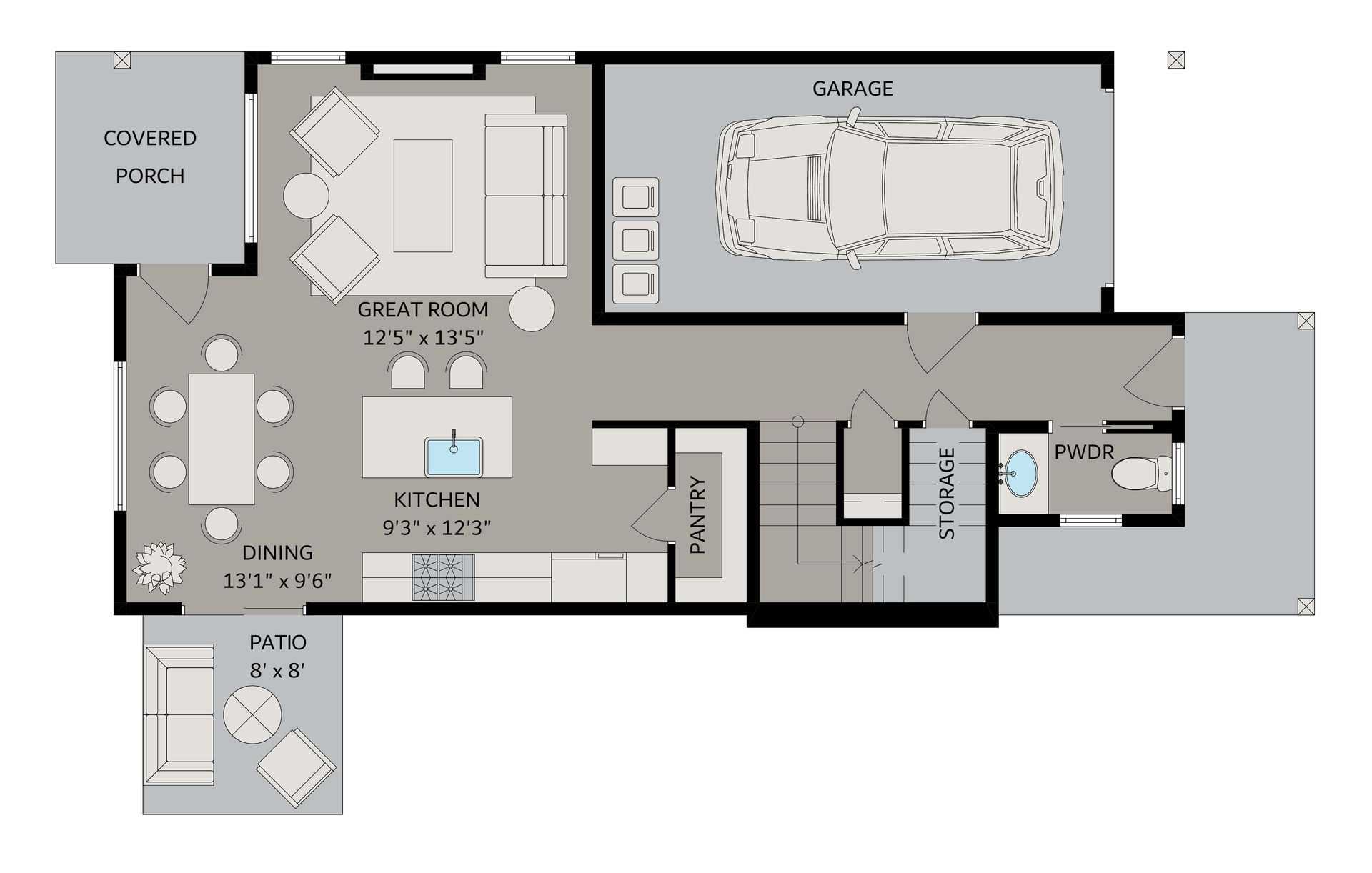 A floor plan of a house with a car in the garage.
