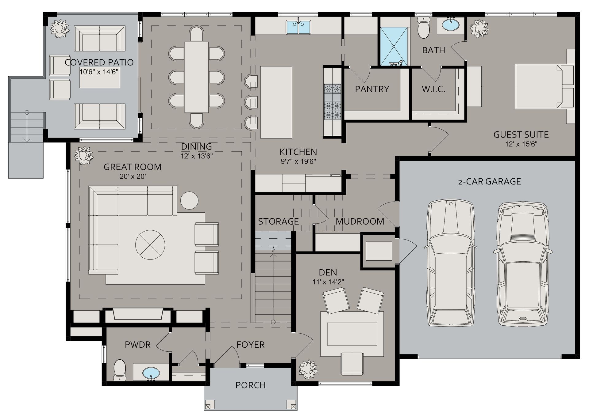 A floor plan of a house with two cars in the garage