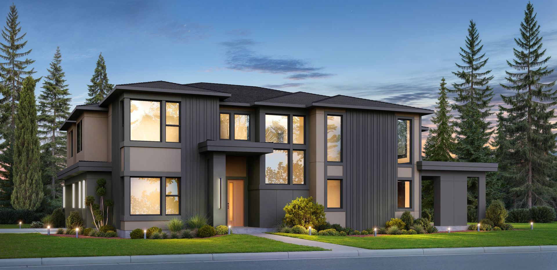 Modern two-story gray house with large windows and a landscaped yard at dusk