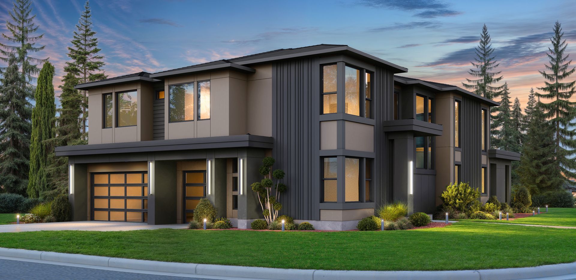 Modern two-story gray house with large windows and a manicured lawn at dusk