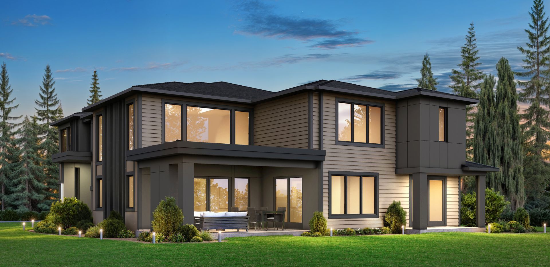 Modern two-story dark-gray house with large windows and a landscaped yard at dusk