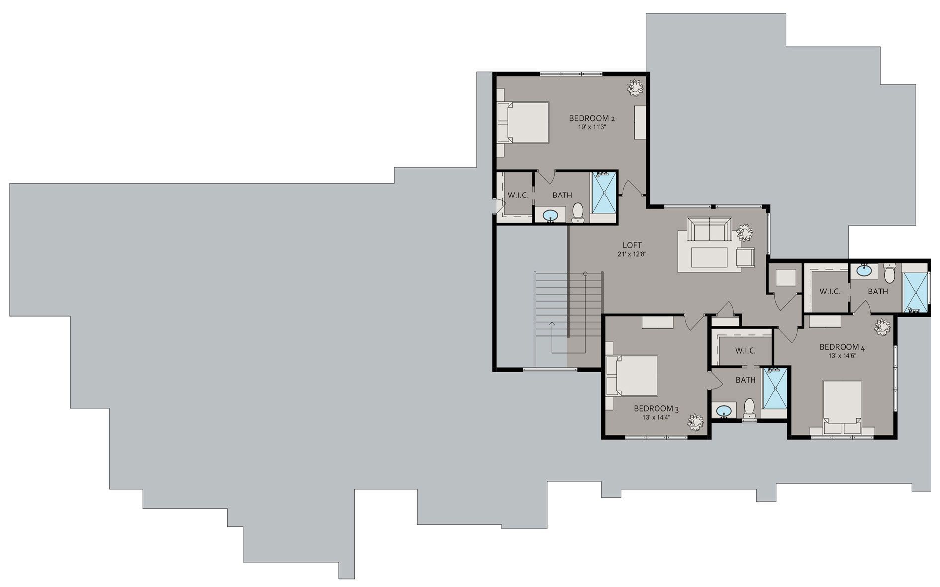 A floor plan of a house with three bedrooms and two bathrooms.