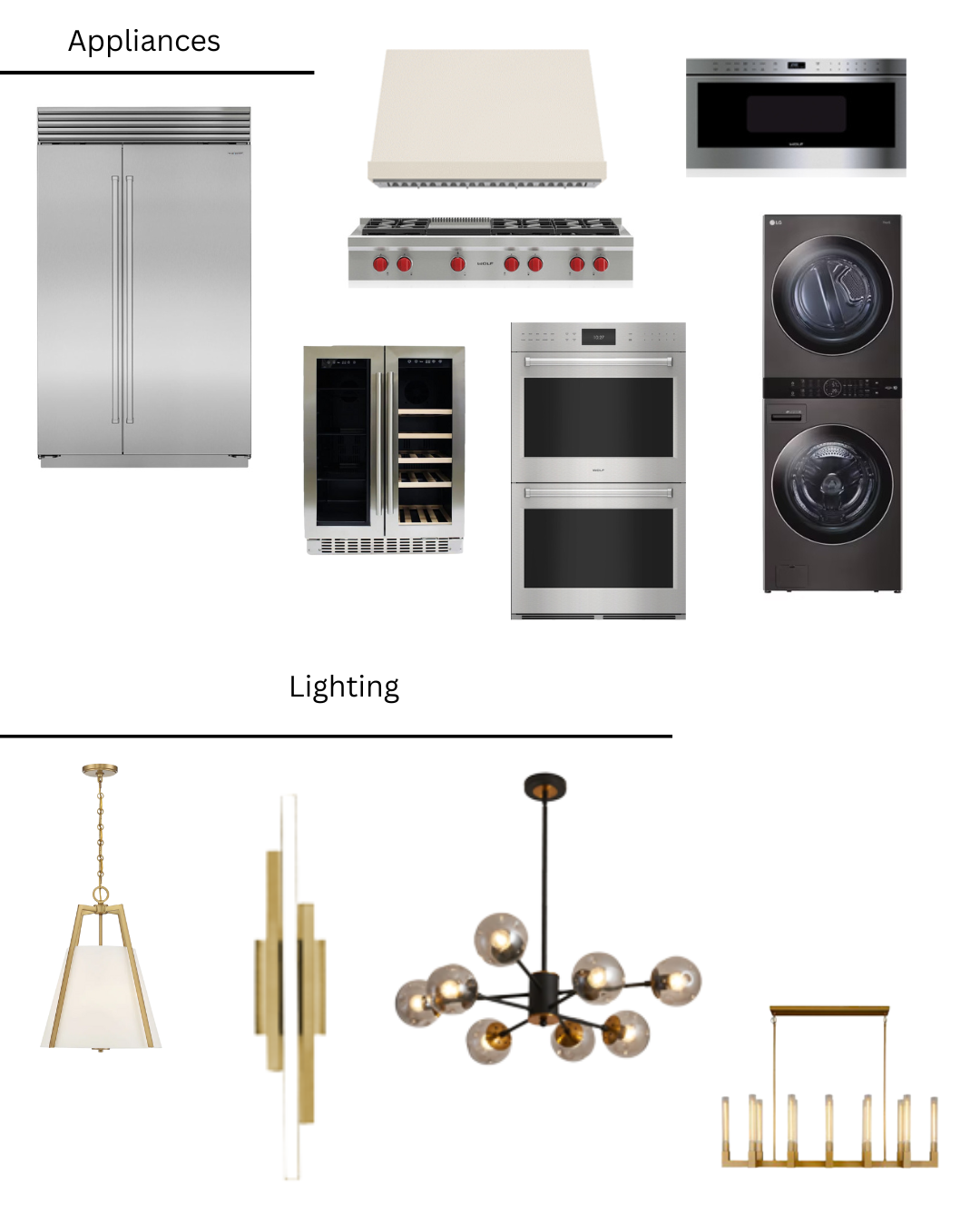 Collection of kitchen appliances and lighting fixtures in shades of stainless steel, black, and gold.