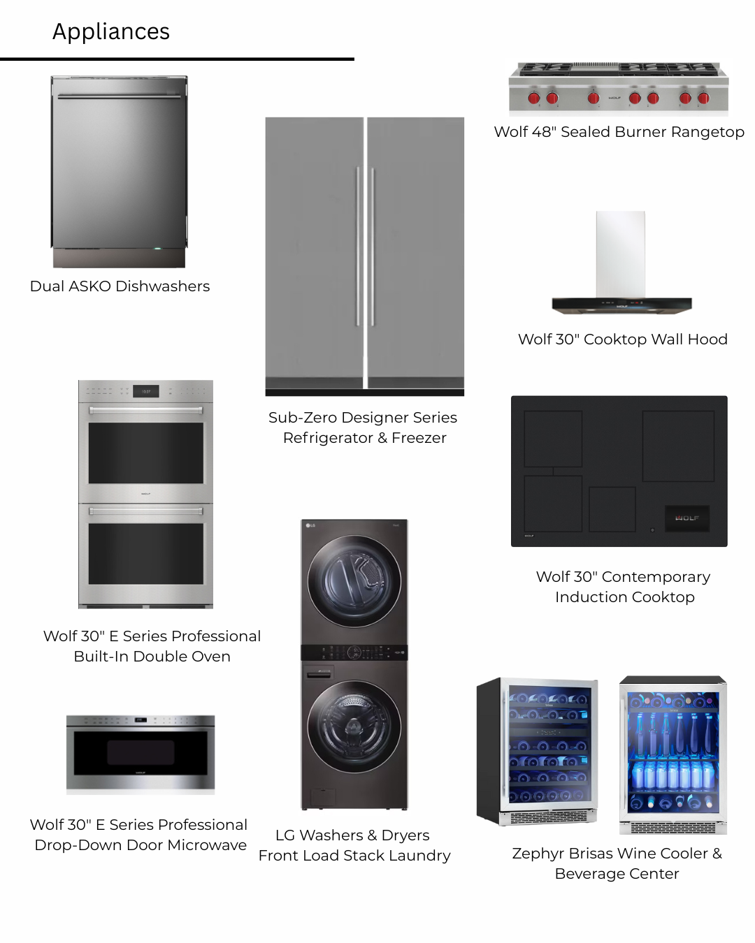 Appliances: Various stainless steel and black kitchen appliances, including a dishwasher, refrigerator, range, oven, and wine cooler.