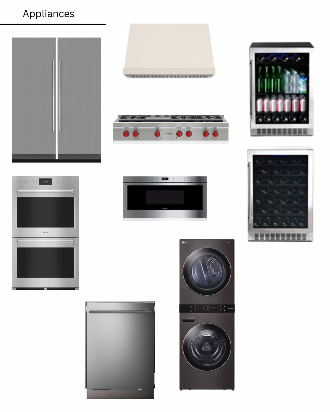 A variety of kitchen appliances are shown on a white background