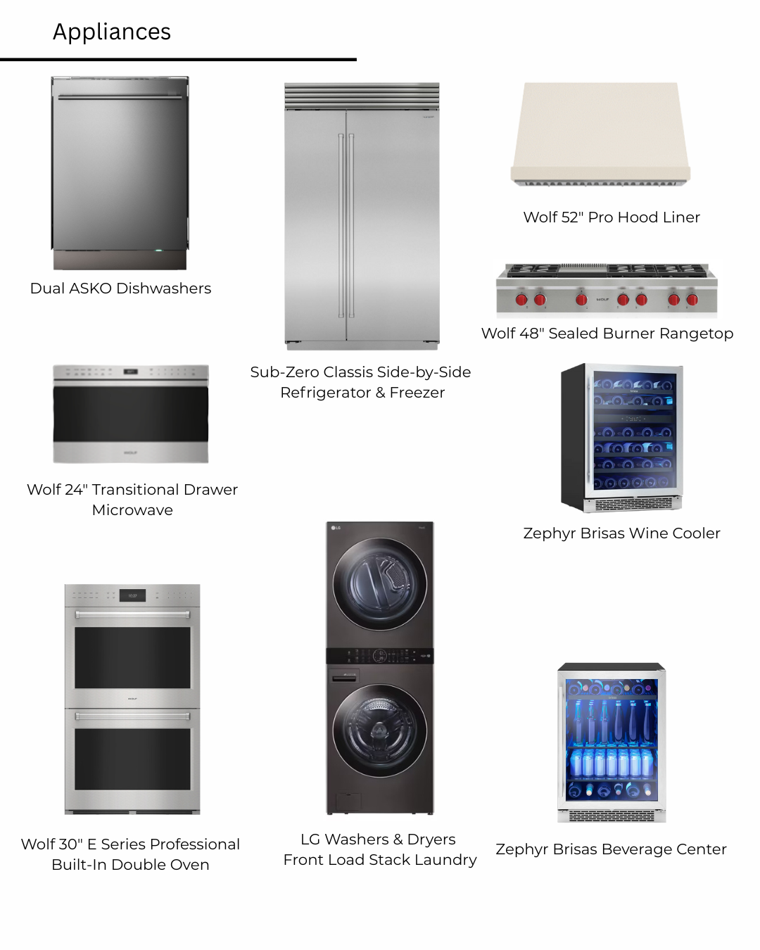 Appliances: Dishwasher, refrigerator, oven, cooktop, wine fridge, stacked washer/dryer, beverage center.