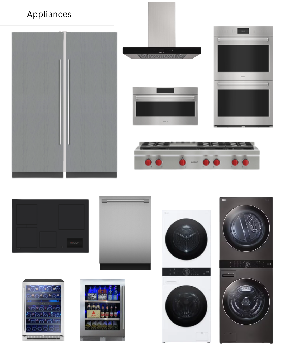 Kitchen appliances: refrigerator, oven, microwave, cooktop, dishwasher, washer, dryer, wine cooler, beverage cooler.