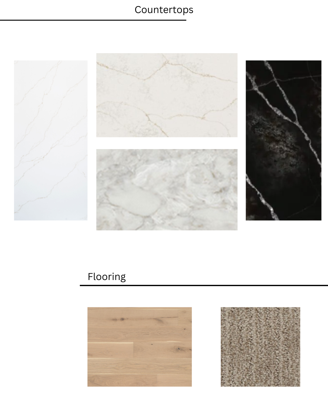 Mood board with countertop and flooring samples: white, beige, black countertops; wood and carpet flooring.