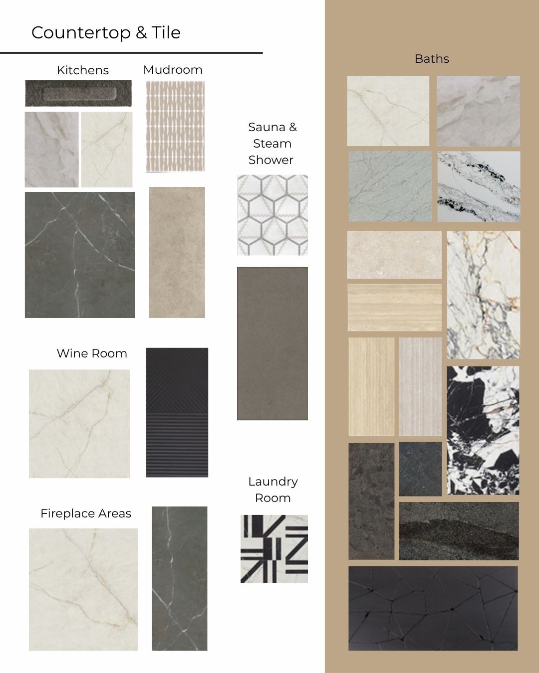 Countertops & Tile options: stone, marble, tile samples with various textures and colors.