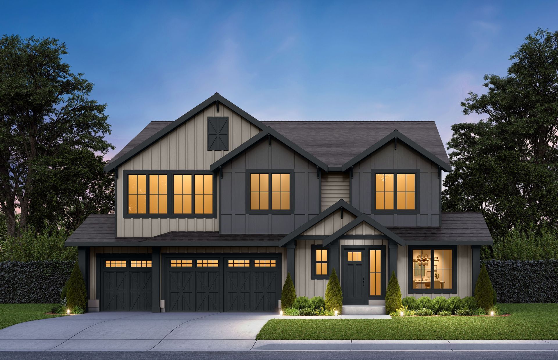 A large house with a lot of windows and a garage.