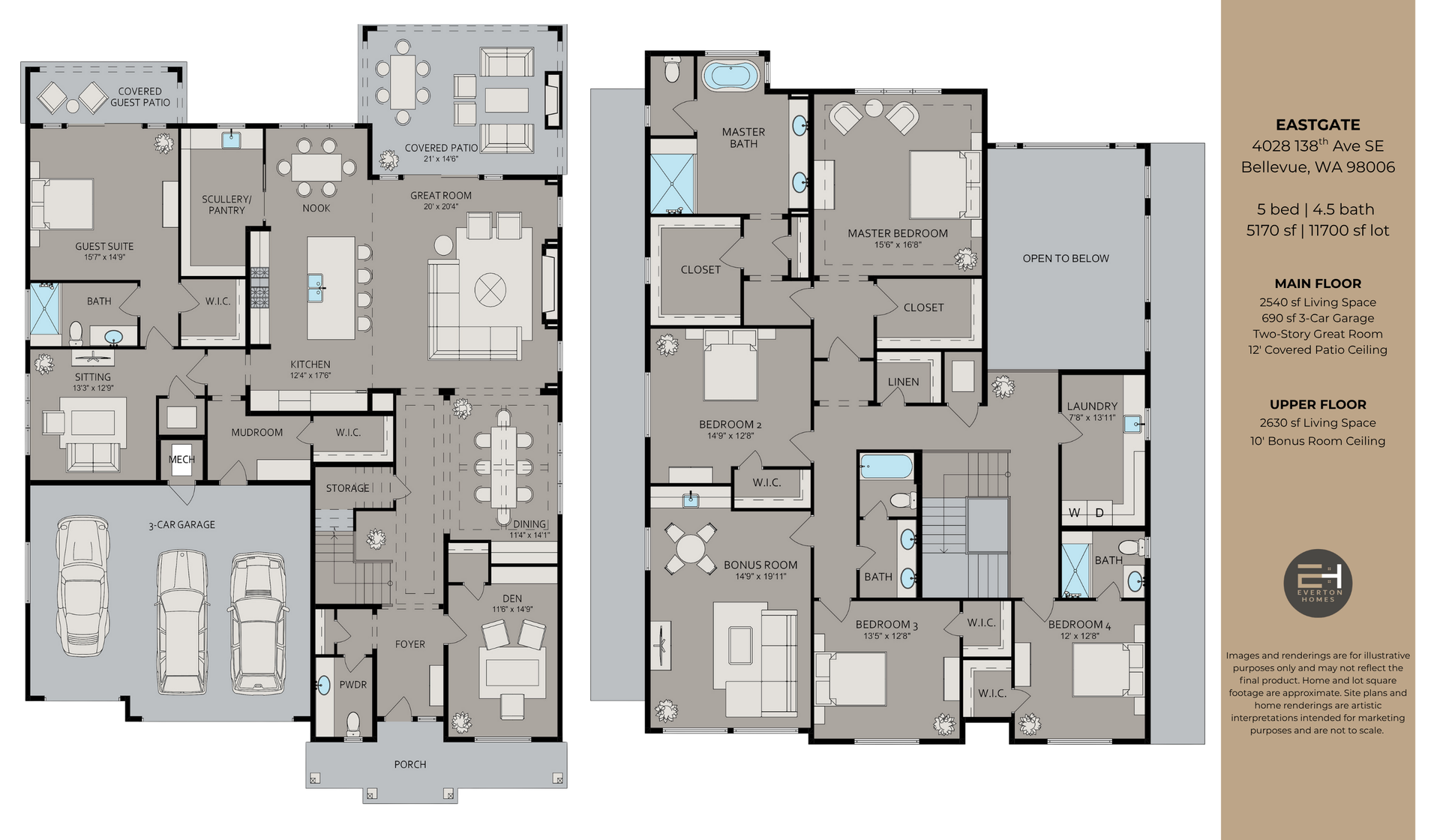 Two-story house floor plan with rooms, furniture, and dimensions labeled. Gray tones are used throughout the design.