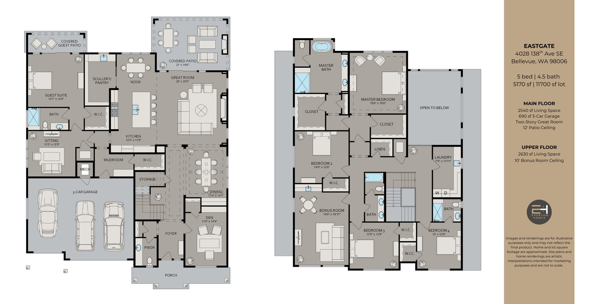 Two-story house floor plan with rooms, furniture layouts, and dimensions.