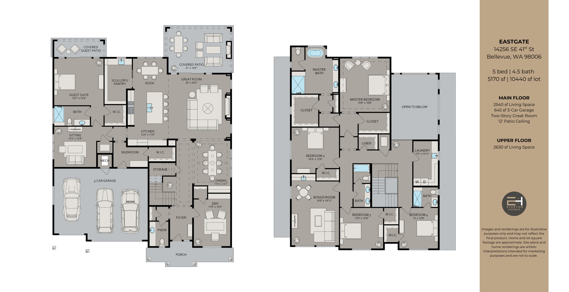 Floor plans of a two-story house, showing rooms, walls, doors, and features like garage and patios.