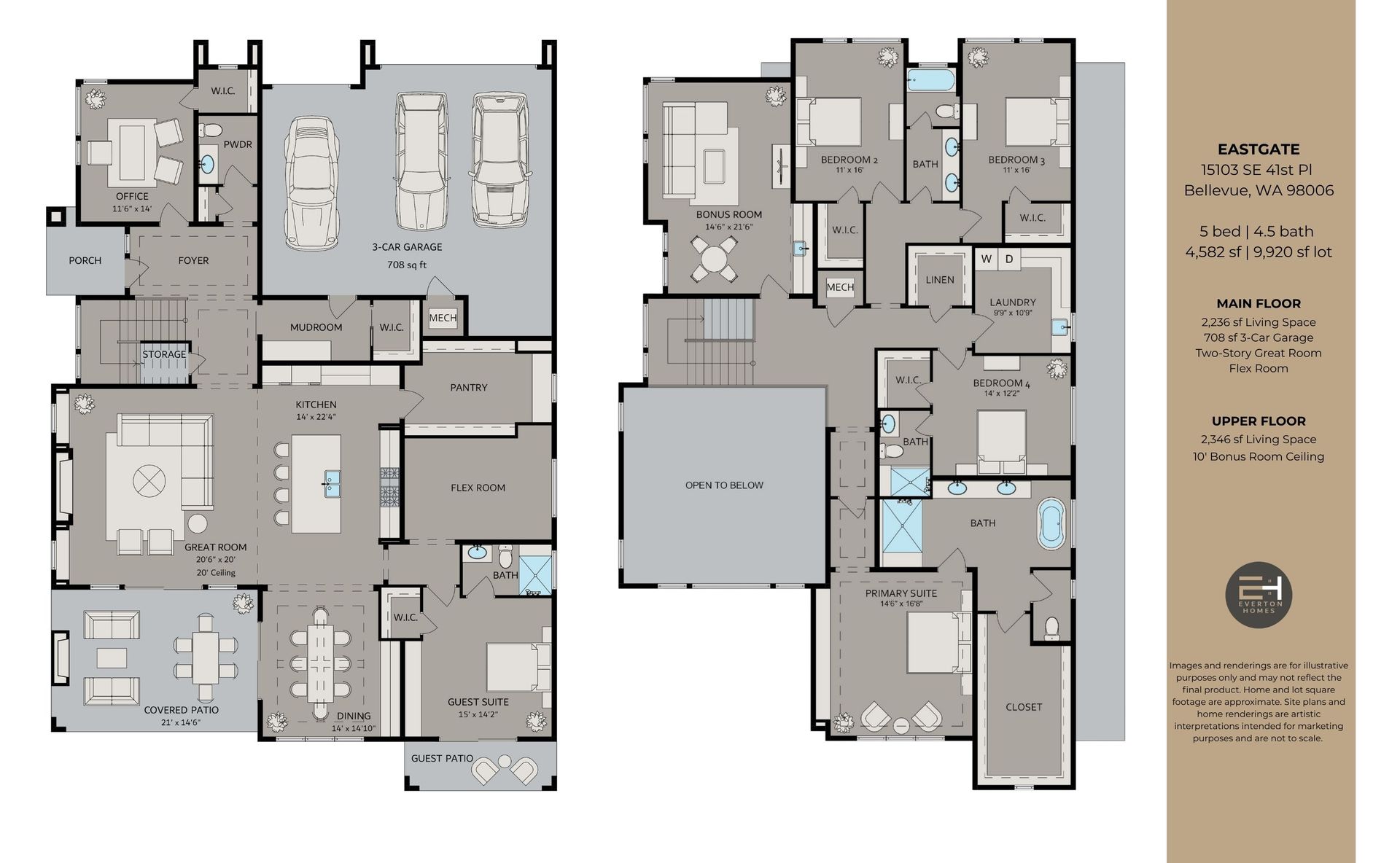 Floor plan showing a two-story house with garage, living areas, bedrooms, and outdoor spaces.