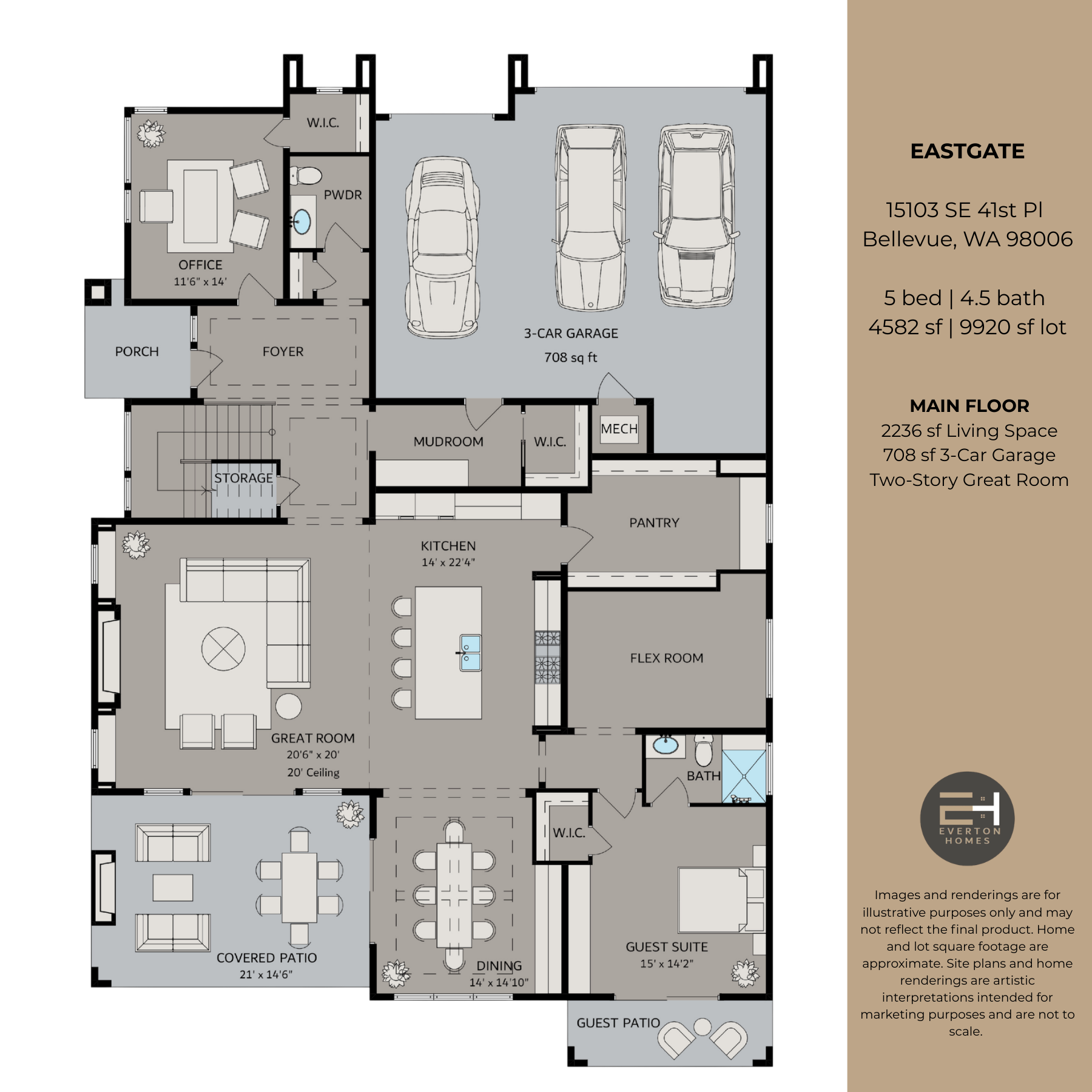 Floor plan of a house with garage, kitchen, living room, and dining room layout.