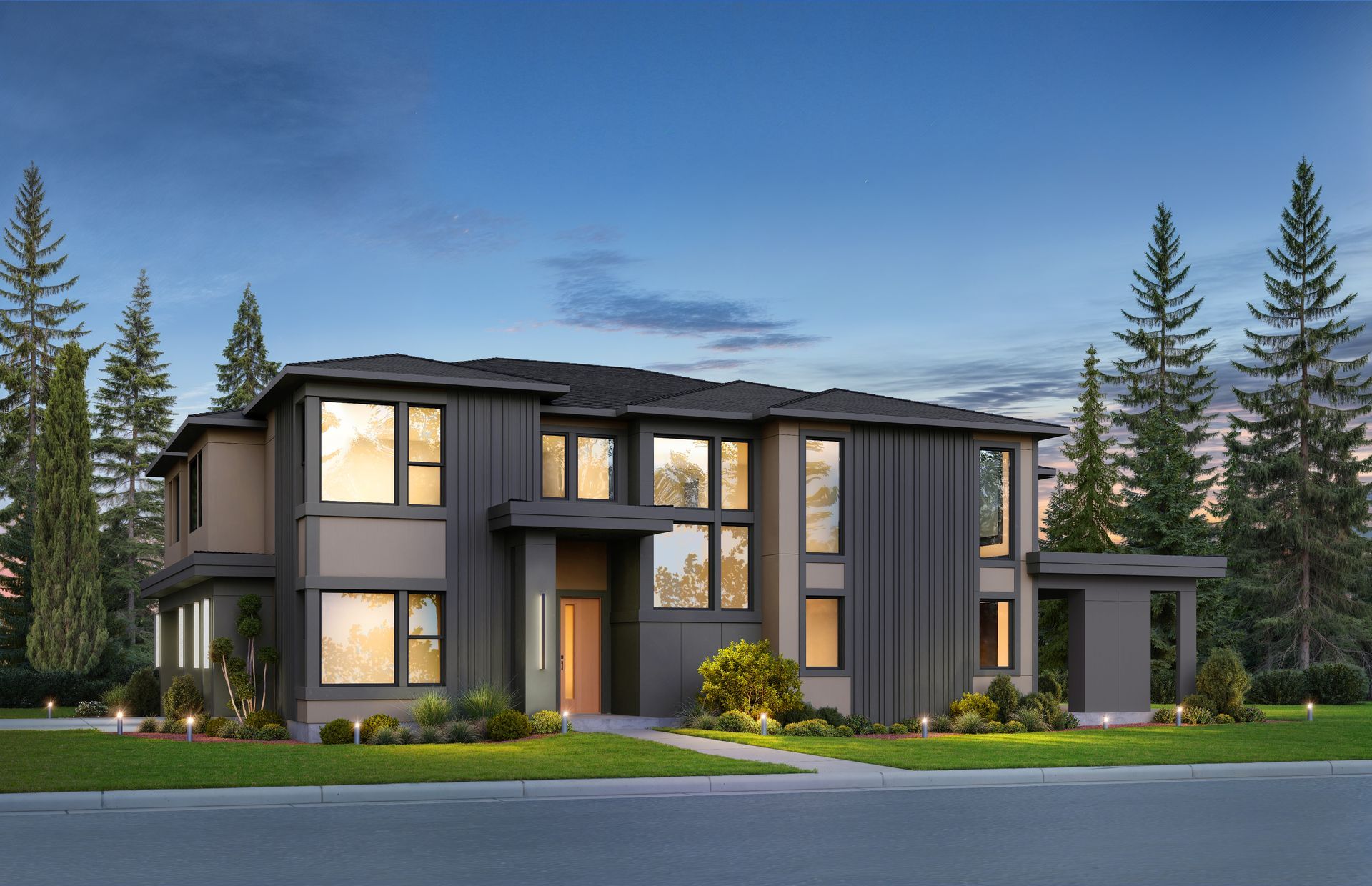 Modern two-story house with dark gray siding, large windows, and a small porch, set against a twilight sky and trees.