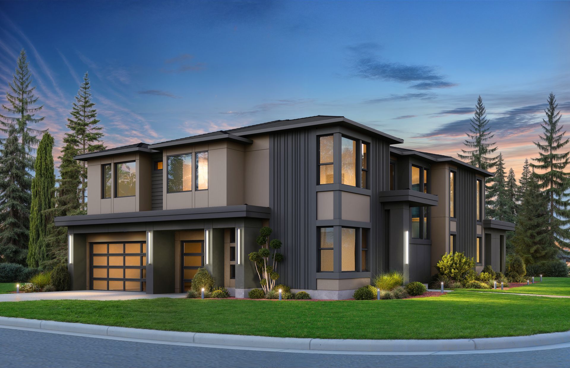 Modern two-story house with dark gray trim, tan siding, and a garage, set on a green lawn at sunset.