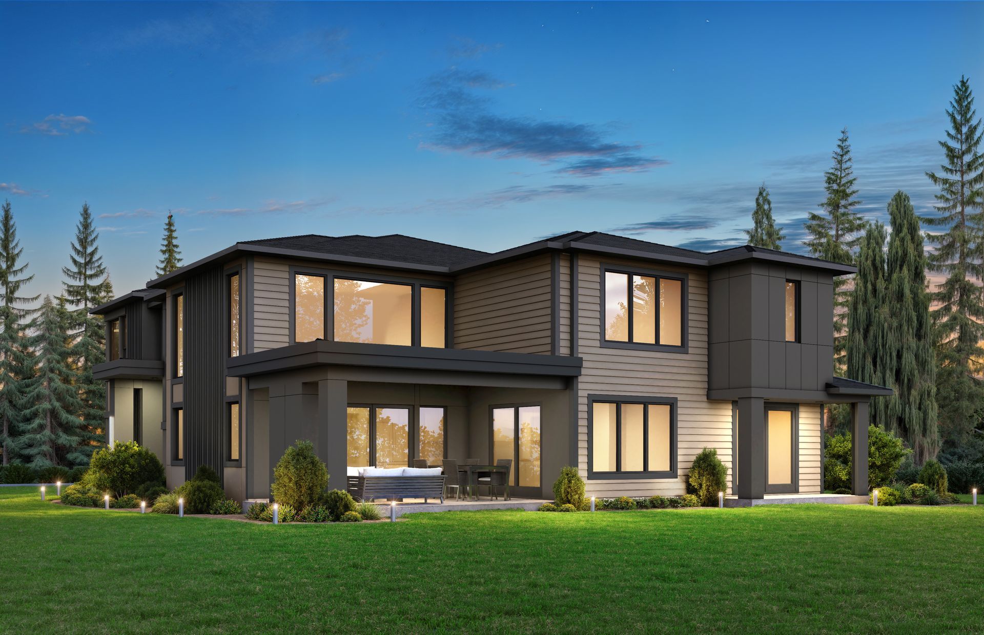 Modern two-story house with dark siding and large windows, a patio, and green lawn at dusk.