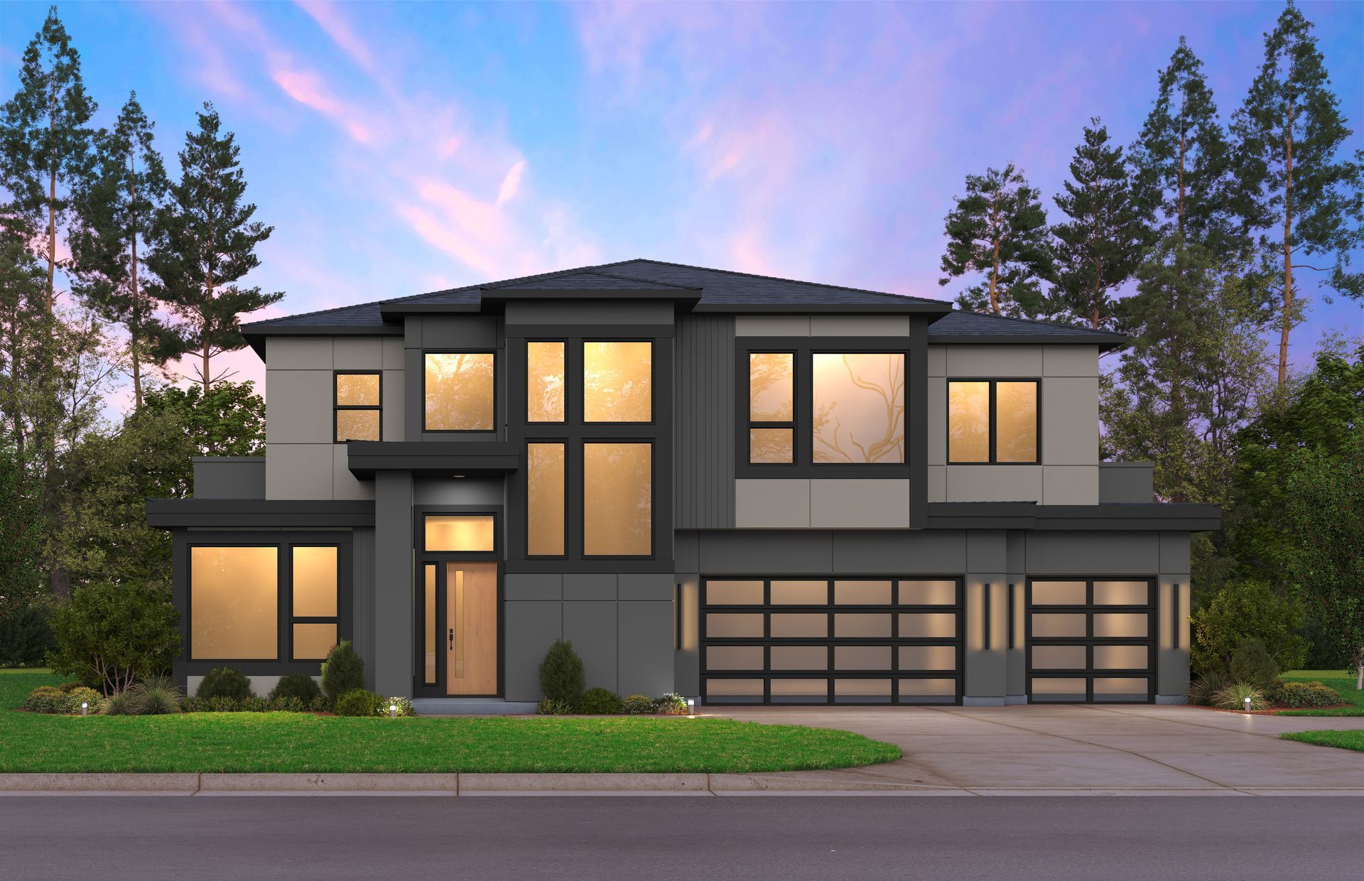 Modern two-story house with gray and light beige exterior, large windows, and a three-car garage, set against a twilight sky.