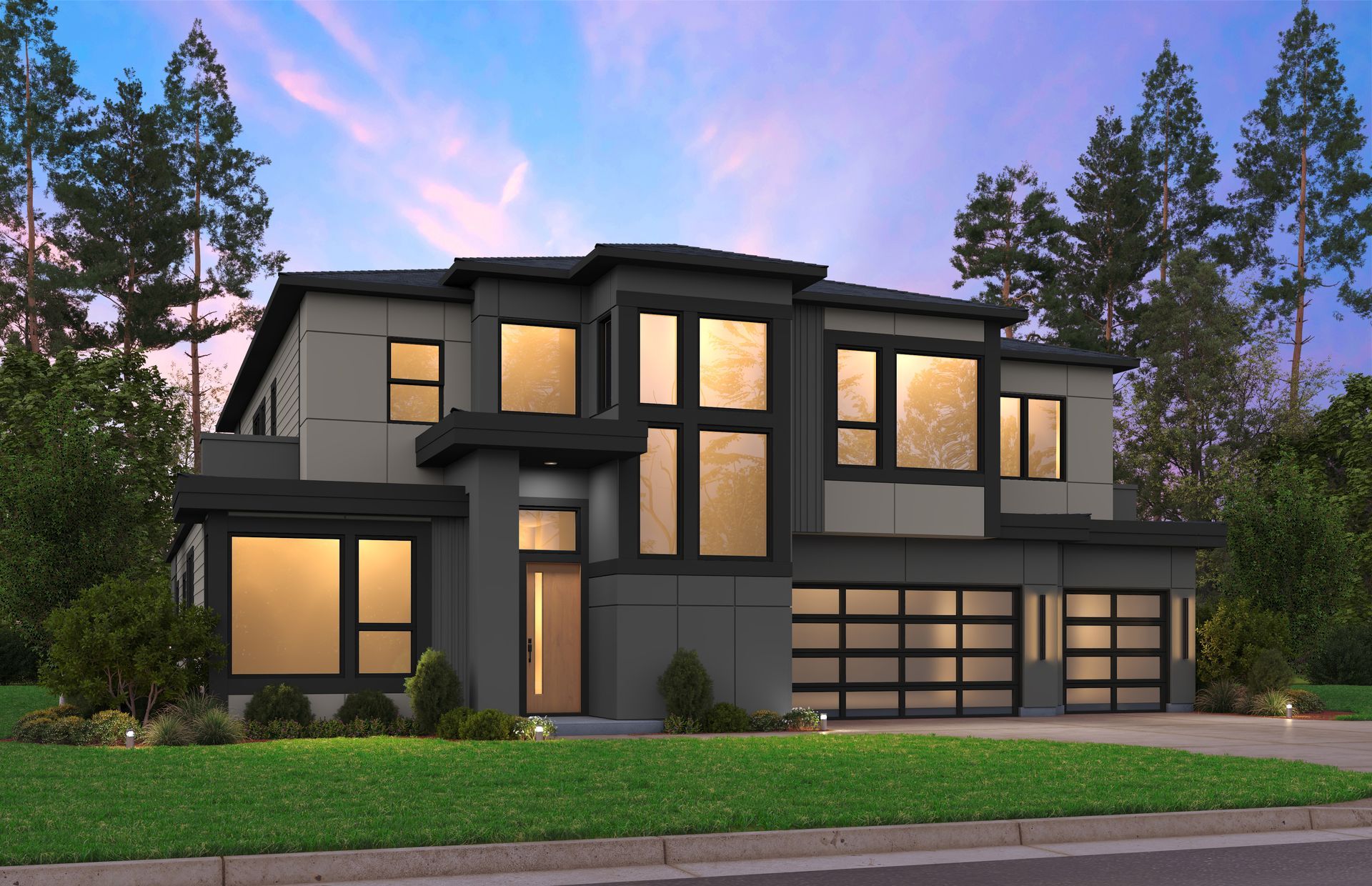 Modern two-story house with dark gray and tan exterior, large windows, and a three-car garage.