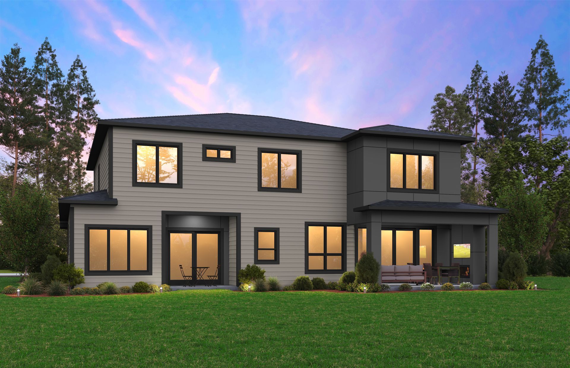 Two-story modern home with gray and light siding, large windows, and an outdoor seating area.