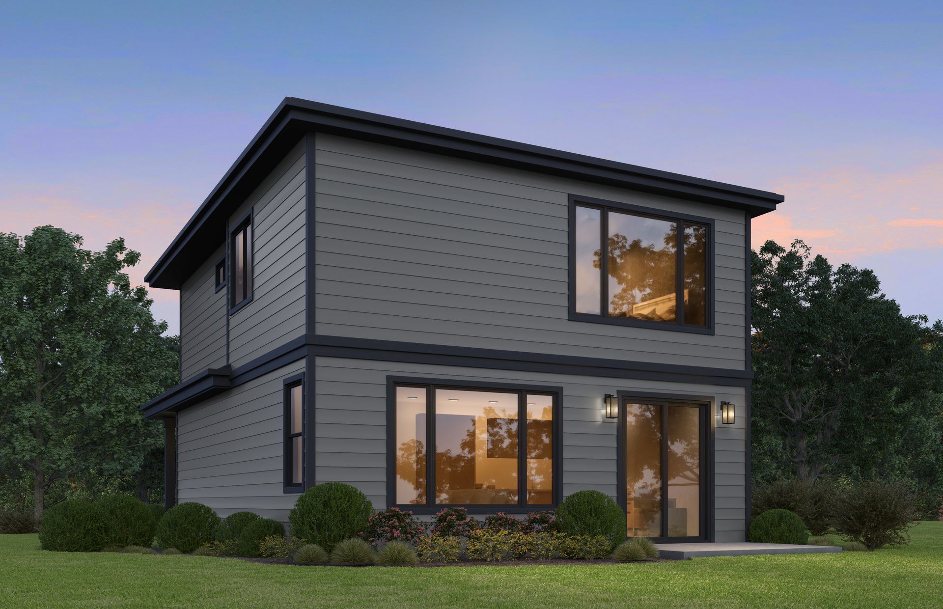 Two-story modern house with gray siding, black trim, large windows, and a small yard, against a twilight sky.