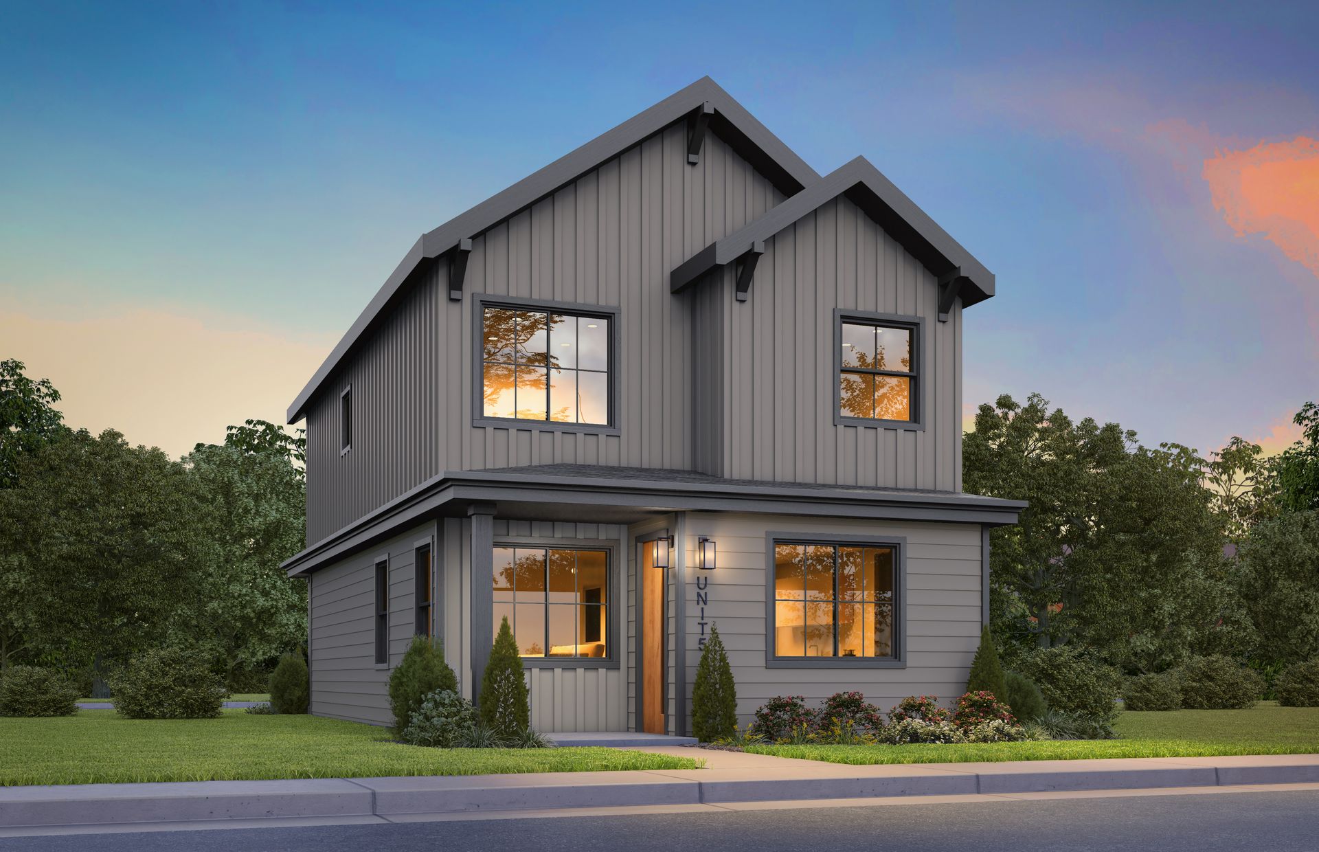 A rendering of a house with a lot of windows and a roof.