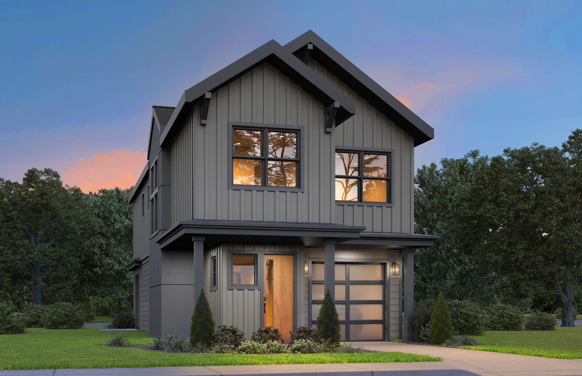 A house with a lot of windows and a garage