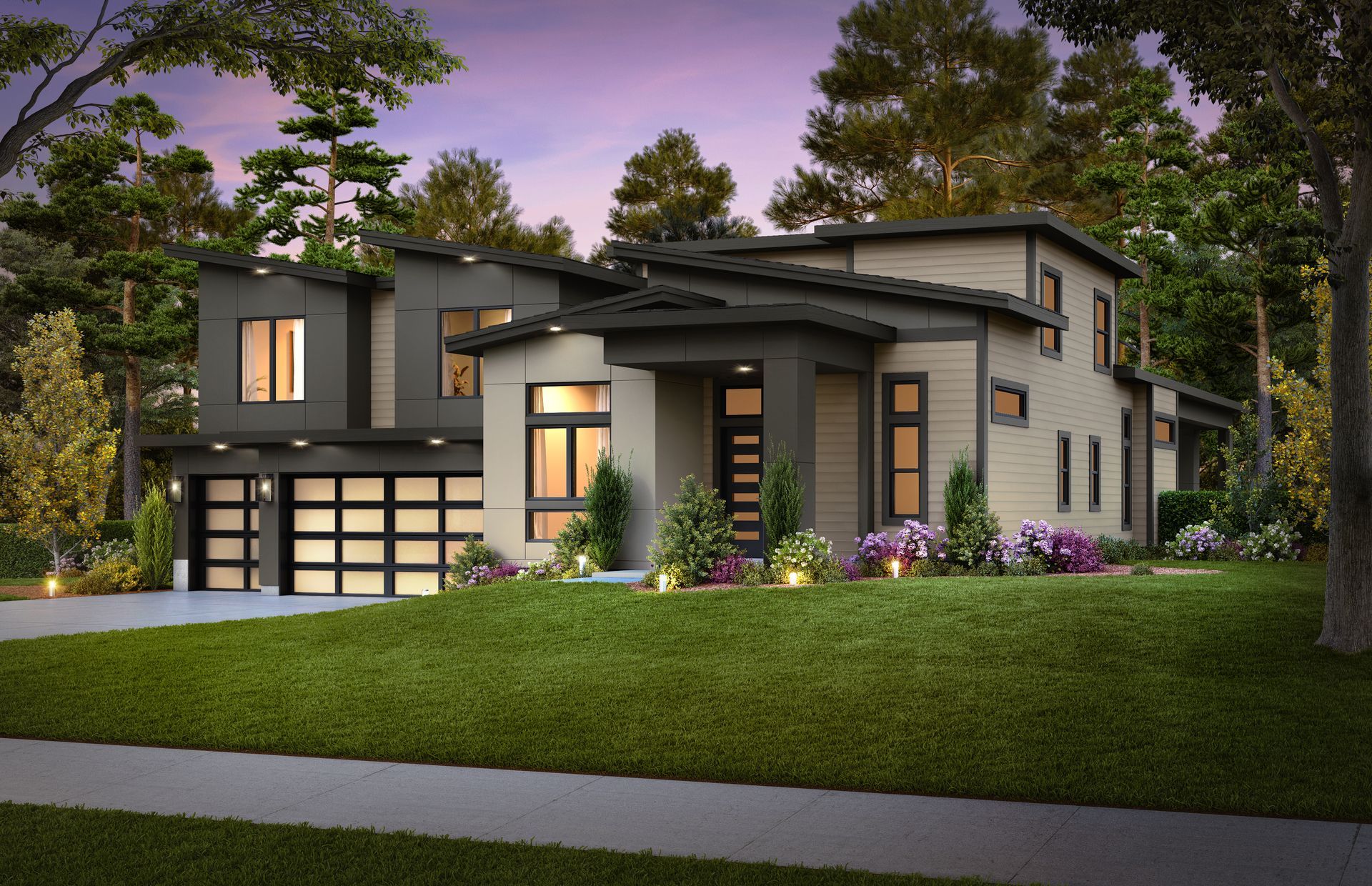 A modern house with a large garage.