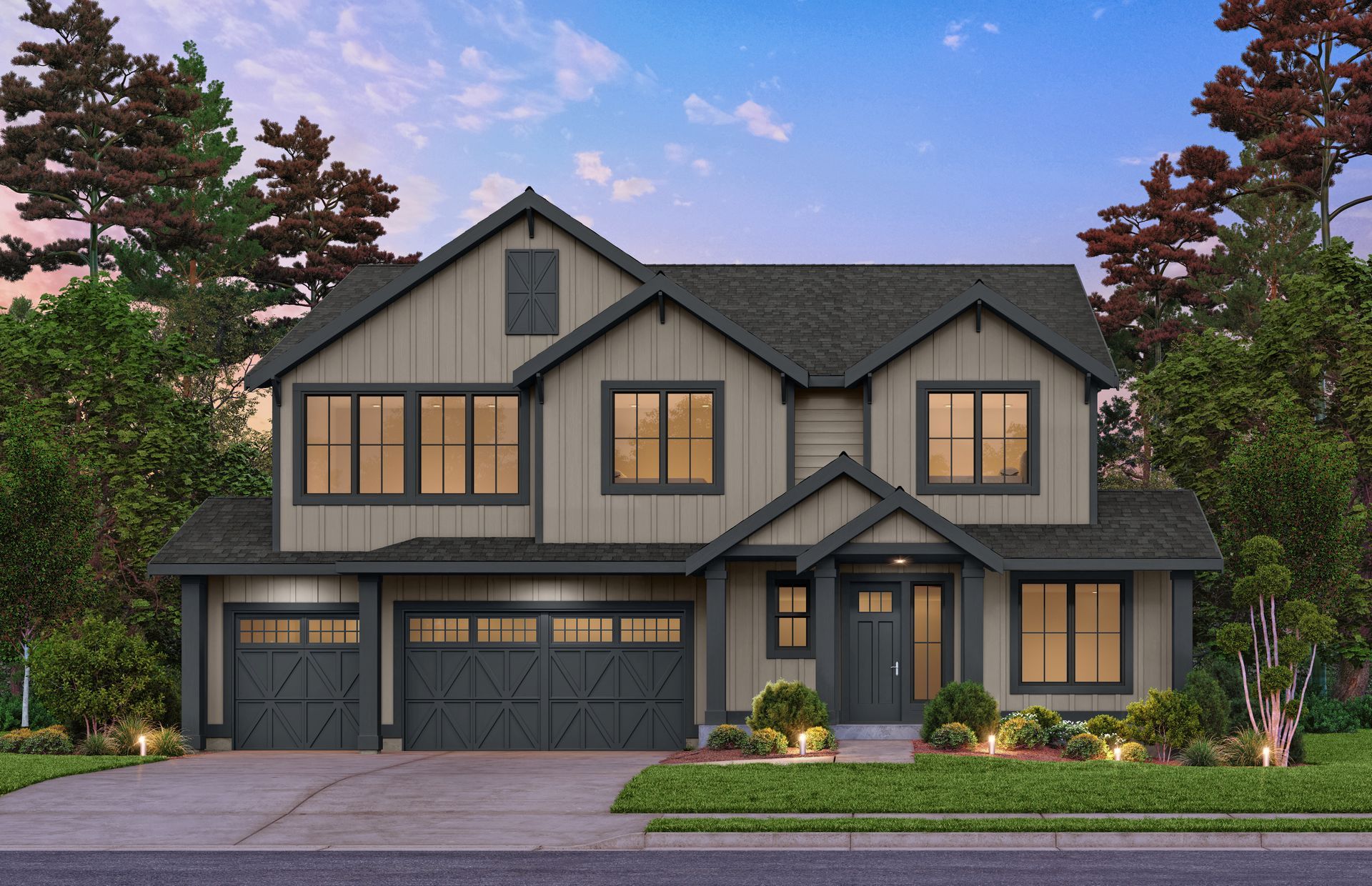 A large house with a lot of windows and a garage.